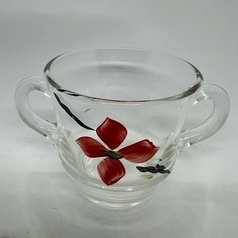 Vtg Sugar Creamer Set Handpainted Glass Poinsettia Floral Christmas Serveware